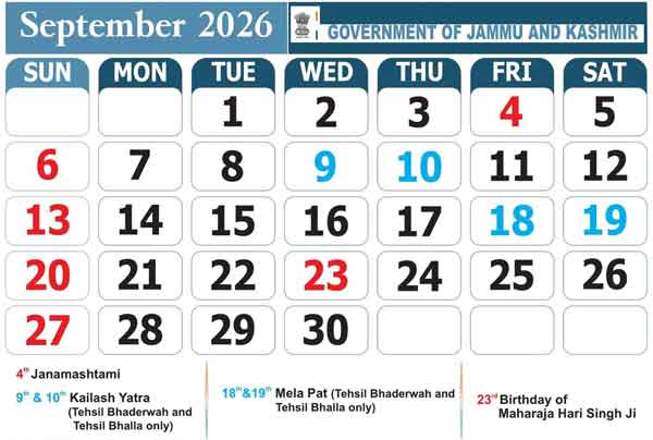 Government of Jammu and Kashmir calendar 2026 September