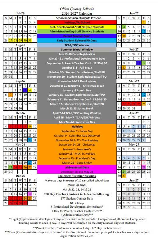 Obion County Schools Calendar-26-27