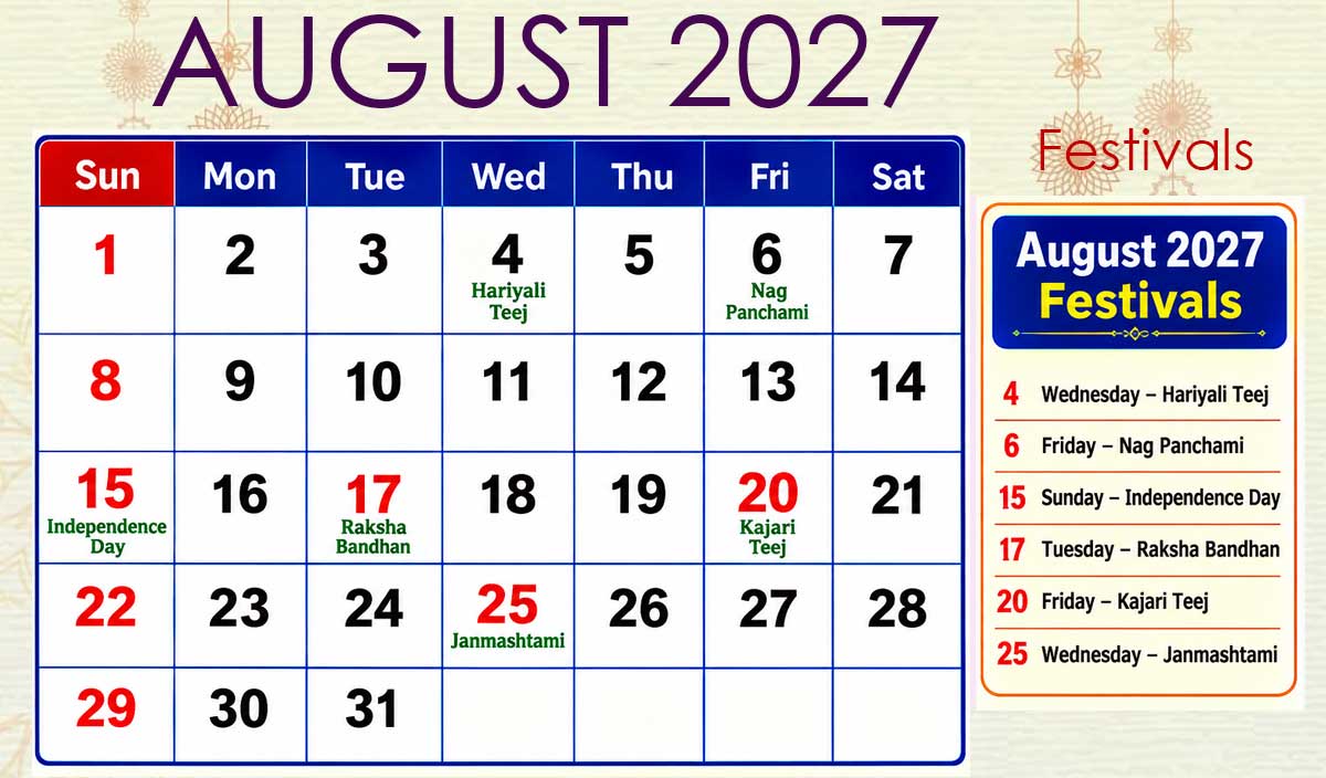 Calendar 2027 August