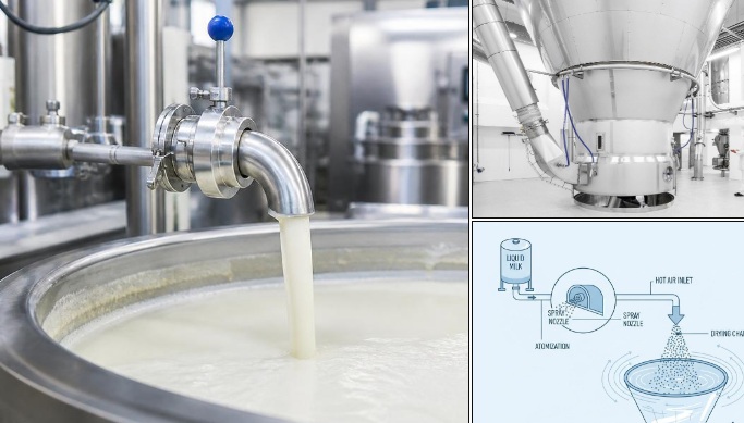 A clean split-screen image showing milk powder