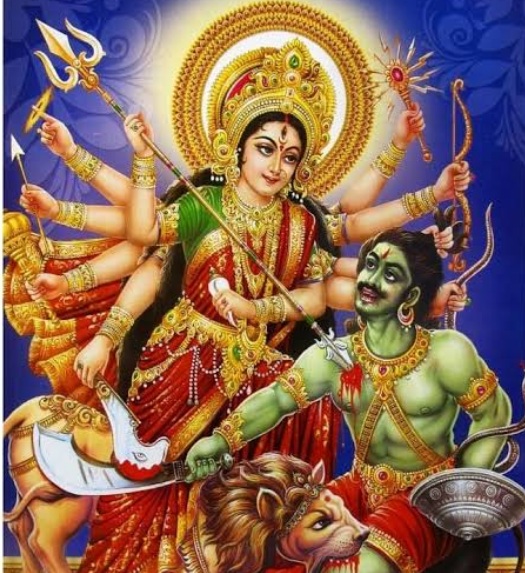 Maa Durga with ten hands holding divine weapons during Navratri